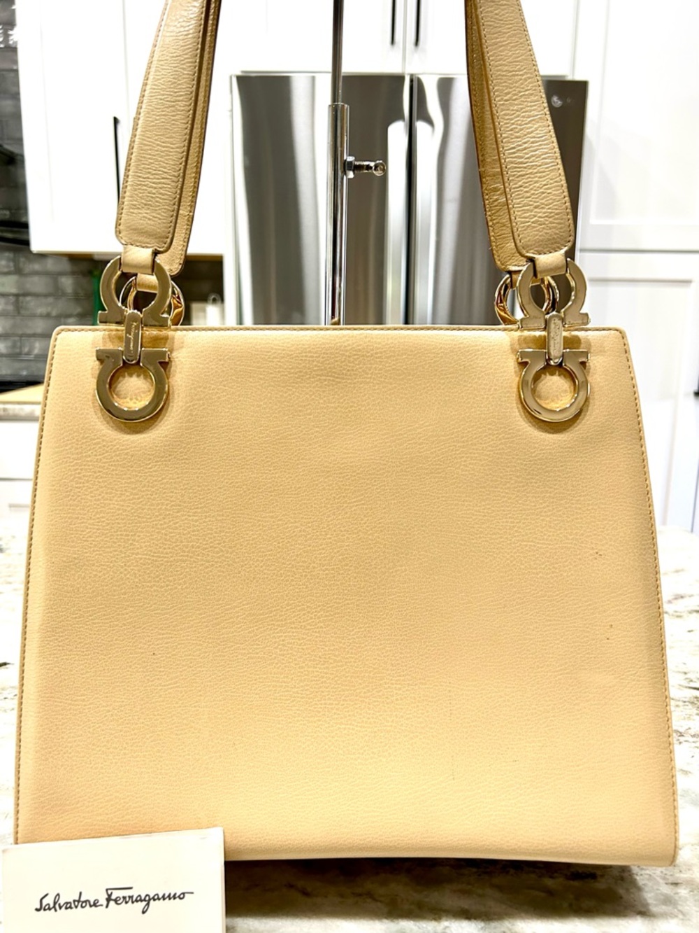 Salvatore Ferragamo Authentic Beige Leather Shoulder Bag with Gold Hardware
